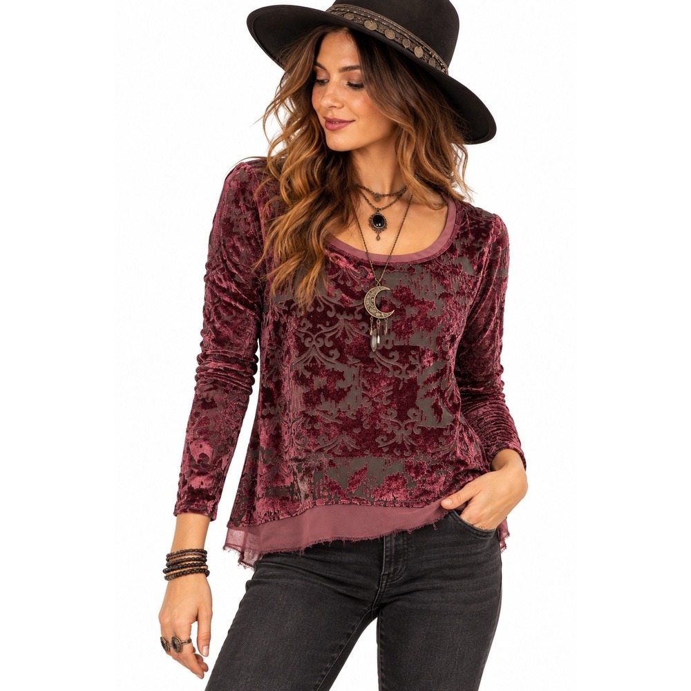 Velvet Burnout Long Sleeve Top S Red Raw Hem Whimsigoth Fairy Witchy Goth Grunge